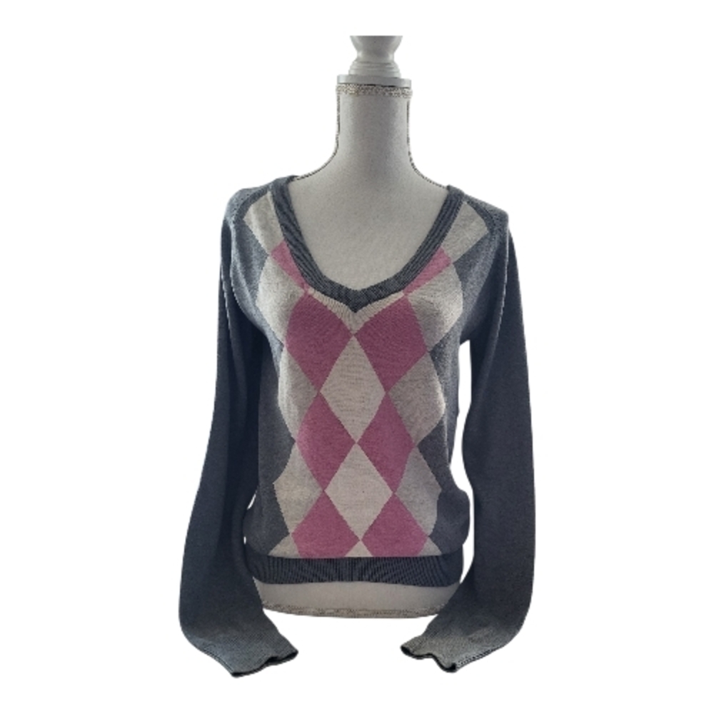 Ben Sherman Gray and Pink Argyle V-Neck Women's Y2K Sweater Like A New